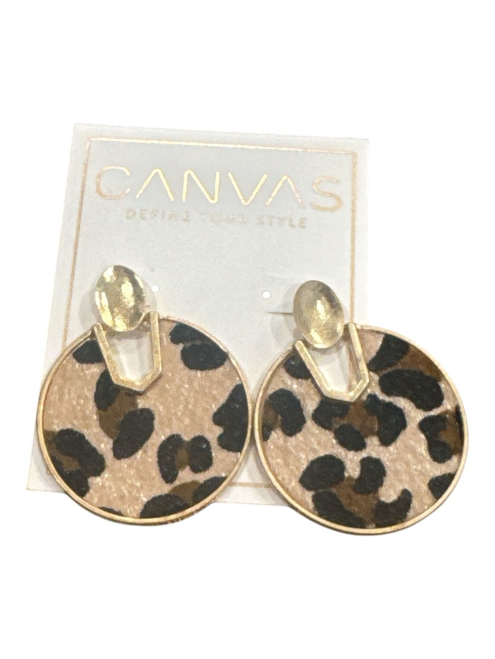 NWT Canvas Leopard Print Round Drop Earrings in Brown, Black & Gold